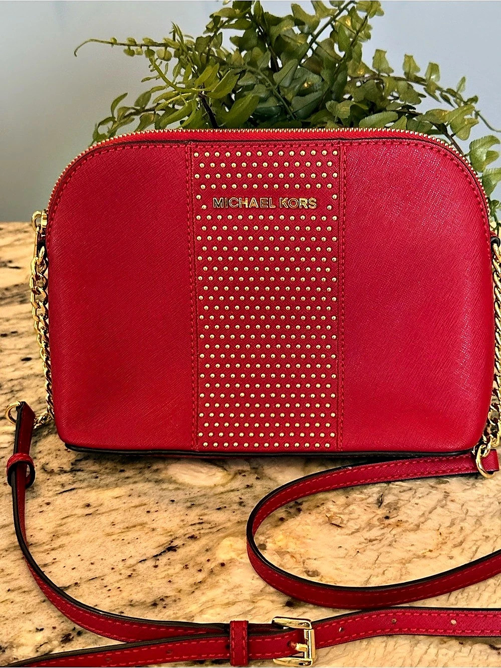 Michael Kors Micro Stud Cindy Dome Red Saffiano Crossbody Bag Gold Chain
